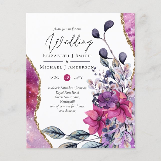 Beautiful BUDGET Violet Pink Floral Agate Wedding  Flyer (Front)