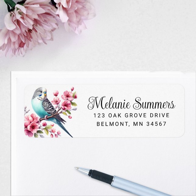 Beautiful Budgie with Pink Flowers Return Address Label (Creator Uploaded)