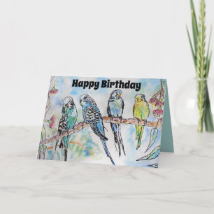 Beautiful Budgies Budgerigars and Gum Blossom Card