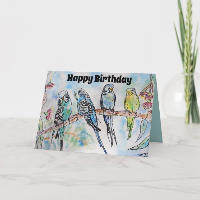 Beautiful Budgies Budgerigars and Gum Blossom Card (Front)
