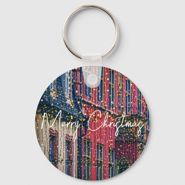 Beautiful Buildings Covered in Christmas Lights Keychain (Front)