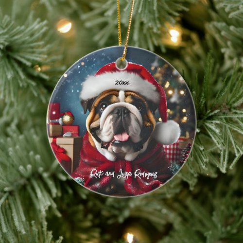 Beautiful Bulldog with Santa Hat Ceramic Ornament