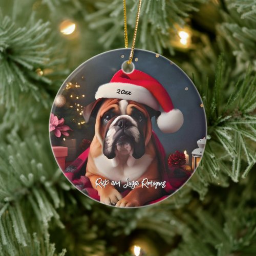 Beautiful Bulldog with Santa Hat Ceramic Ornament