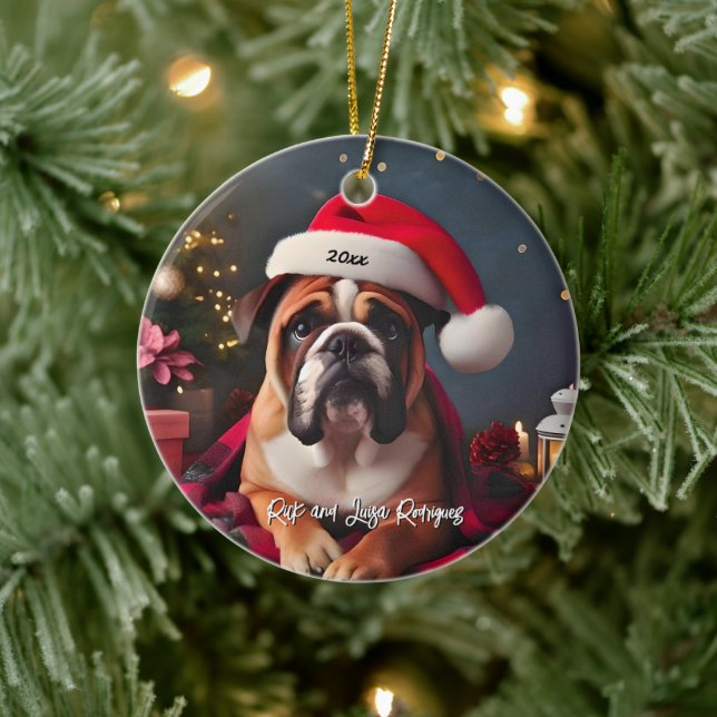 Beautiful Bulldog with Santa Hat Ceramic Ornament (Tree)