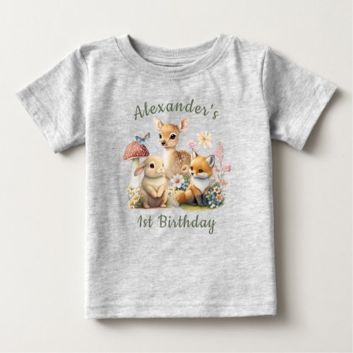 Beautiful Bunny Deer Fox Floral First Birthday Baby T_Shirt