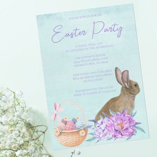 Beautiful Bunny Rabbit Pastel Floral Easter Party Invitation