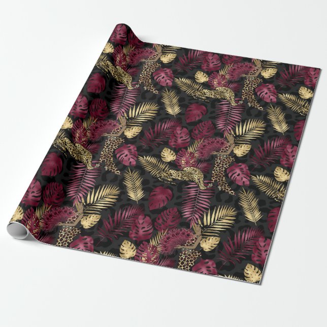 Beautiful Burgundy and Gold Safari Wrapping Paper (Unrolled)