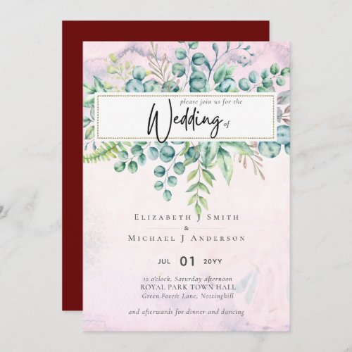 Beautiful Burgundy Blue Eucalyptus Greenery Invite