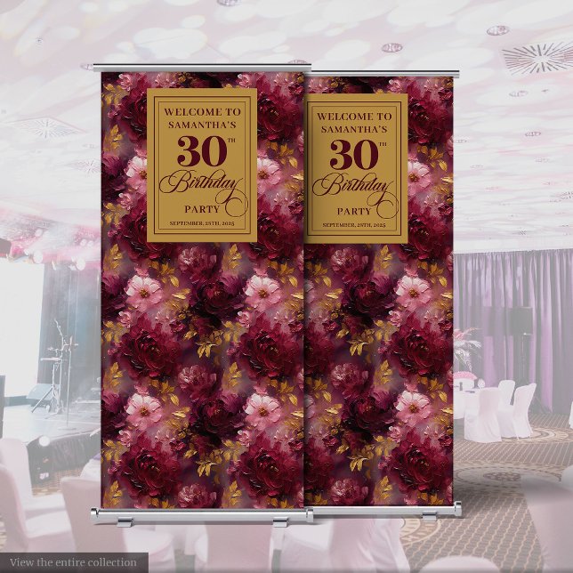 Beautiful Burgundy Blush Gold 30th Birthday Party  Retractable Banner (Elegant Burgundy Blush Gold 30th Birthday Roll Banner)