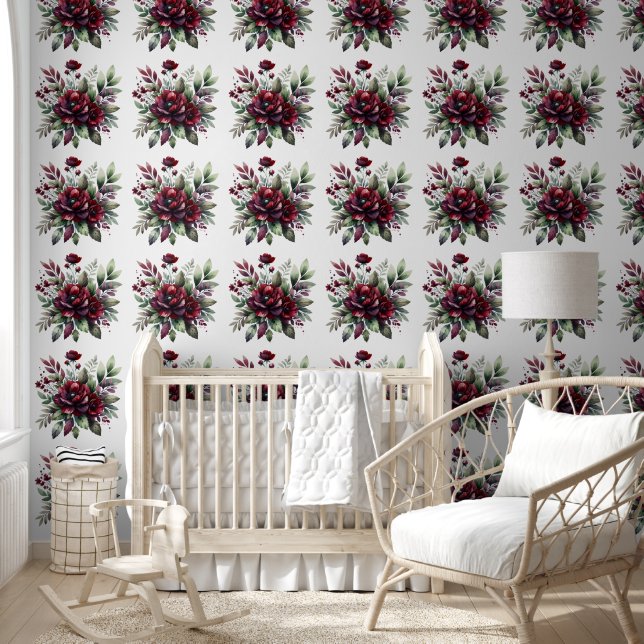 Beautiful Burgundy Botanical Floral Wallpaper (Kids)