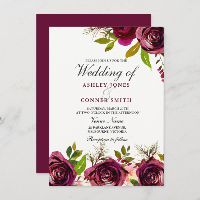 Beautiful Burgundy Deep Red Floral Wedding Invite (Front/Back)