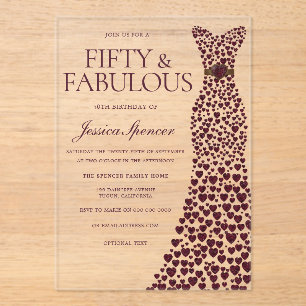 Beautiful Burgundy Dress Elegant 50th Birthday Acrylic Invitations