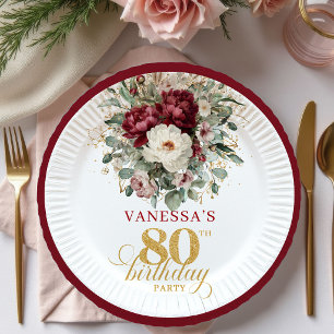 Beautiful Burgundy Floral 80th Birthday Paper  Plates
