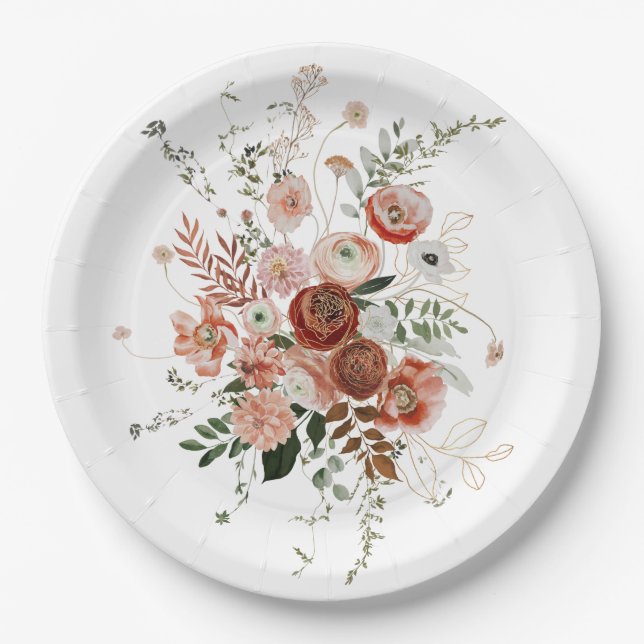 Beautiful Burgundy Floral Art Paper Plates (Front)