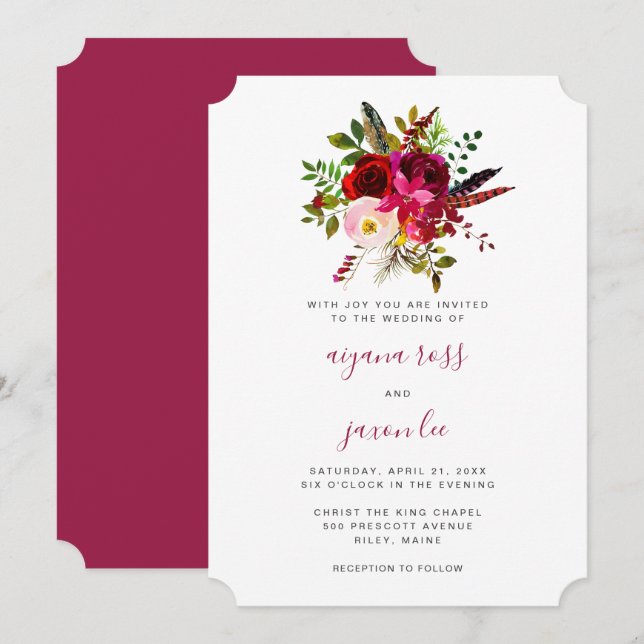 Beautiful Burgundy Floral Bouquet Wedding Invitation (Front/Back)