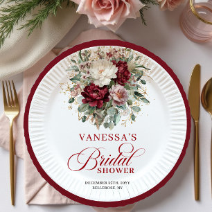 Beautiful Burgundy Floral Bridal Shower Paper  Plates