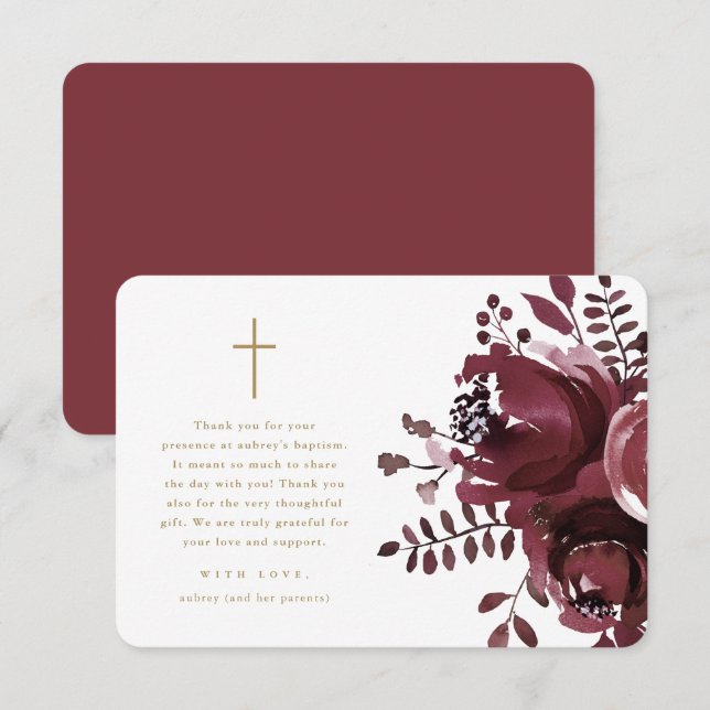 Beautiful Burgundy Floral Cross Baptism Thank You (Front/Back)