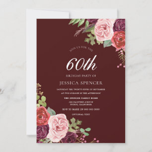 Beautiful Burgundy Flowers 60th Birthday Invite