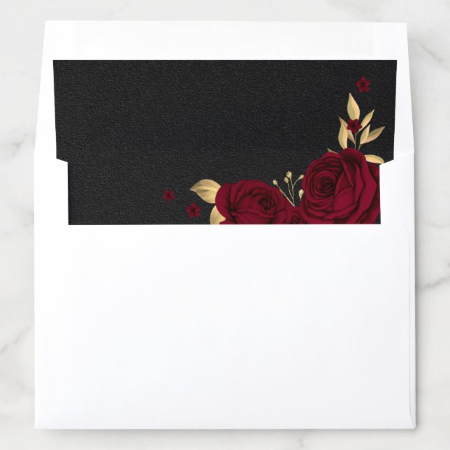 beautiful burgundy flowers and gold leaves black envelope liner (In Envelope)