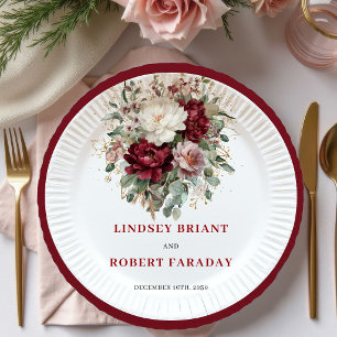Beautiful Burgundy Flowers Greenery Gold Plates