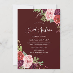Beautiful Burgundy Flowers Sweet 16 Invite
