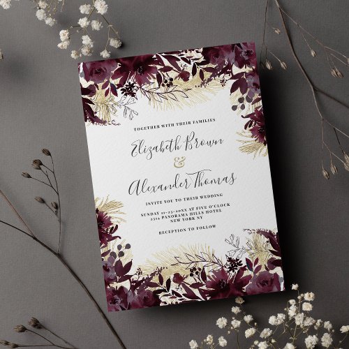 Beautiful burgundy gold glitter floral wedding  invitation