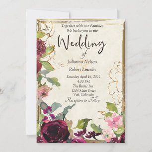 Beautiful burgundy pink and gold Wedding Invitation