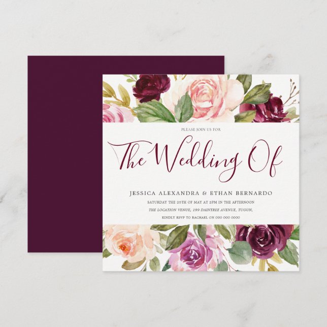 Beautiful Burgundy Pink Berry Floral Wedding Invitation (Front/Back)