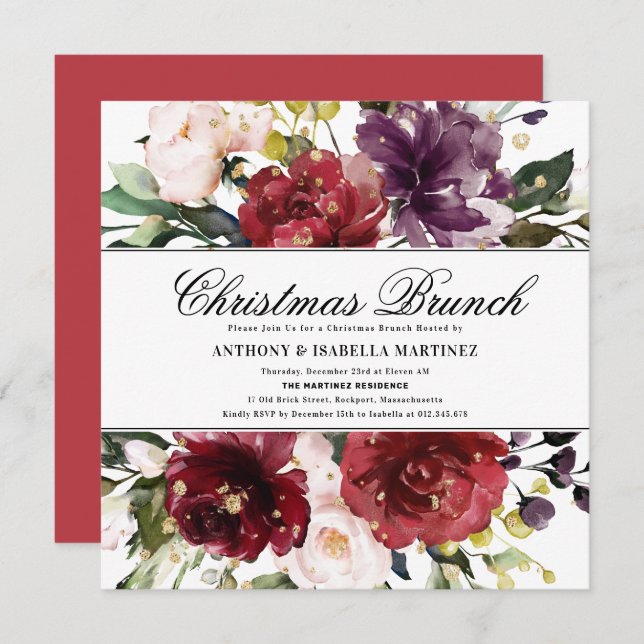 Beautiful Burgundy Red Floral Christmas Brunch Invitation (Front/Back)