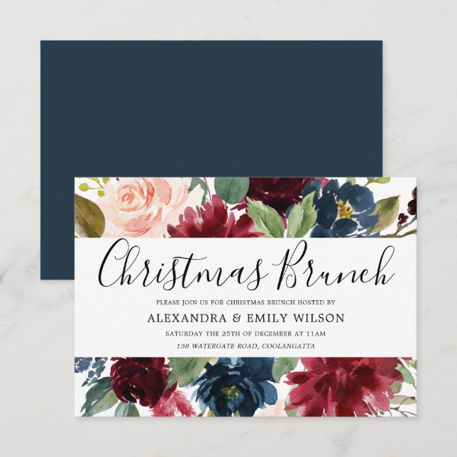 Beautiful Burgundy Red Floral Christmas Brunch Invitation (Front/Back)