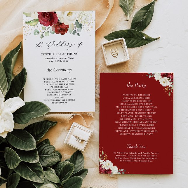 Beautiful Burgundy Red White Floral Wedding Program (Creator Uploaded)
