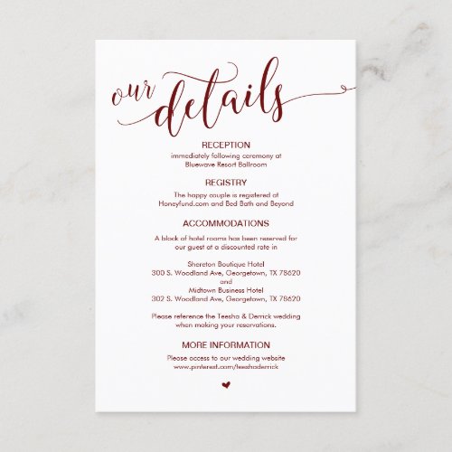 Beautiful Burgundy Script Our Wedding Details Enclosure Card