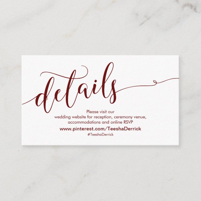 Beautiful Burgundy, Wedding Website Details Enclosure Card (Front)
