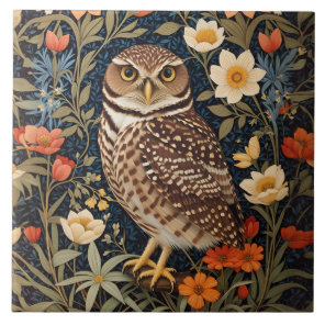 Beautiful Burrowing Owl William Morris Inspired Ceramic Tile