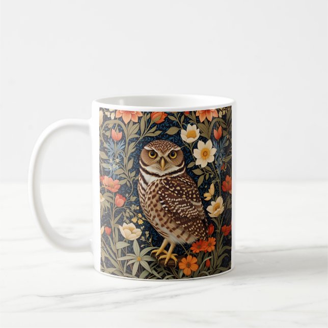 Beautiful Burrowing Owl William Morris Inspired Coffee Mug (Left)