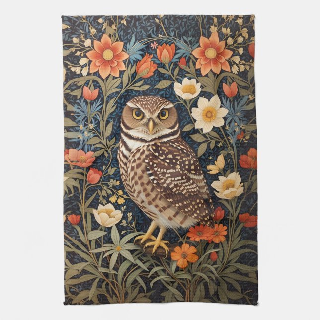 Beautiful Burrowing Owl William Morris Inspired Kitchen Towel (Vertical)
