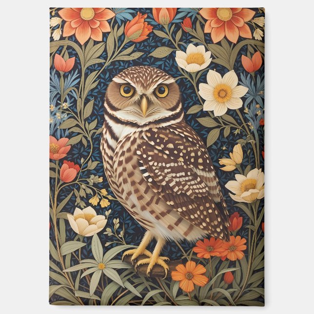 Beautiful Burrowing Owl William Morris Inspired Magnet (Front)