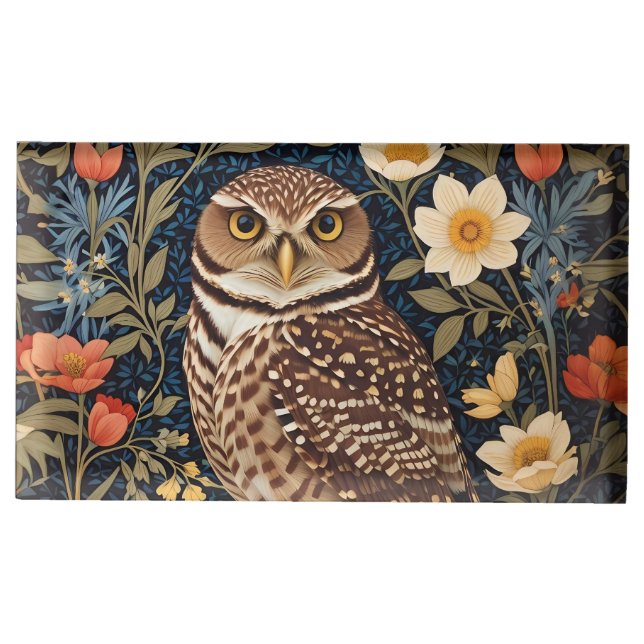 Beautiful Burrowing Owl William Morris Inspired Place Card Holder (Front)