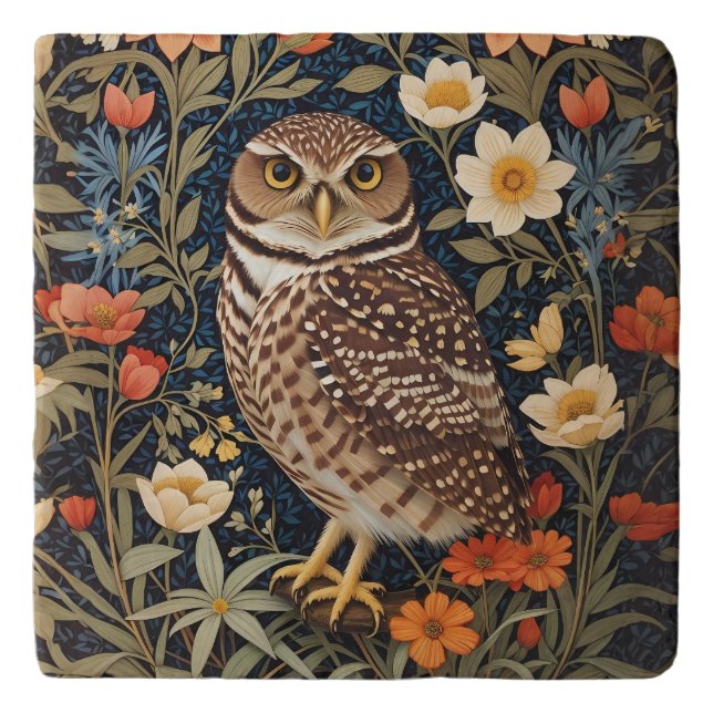 Beautiful Burrowing Owl William Morris Inspired Trivet (Front)