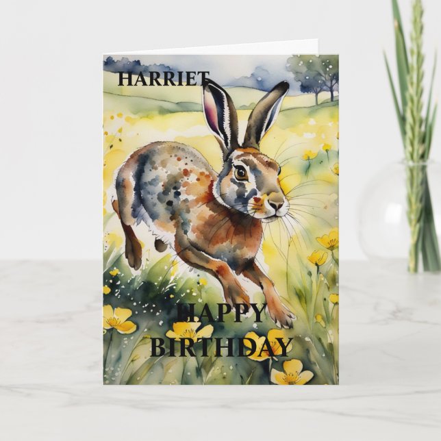 Beautiful Buttercups Hare Birthday Card (editable) (Front)