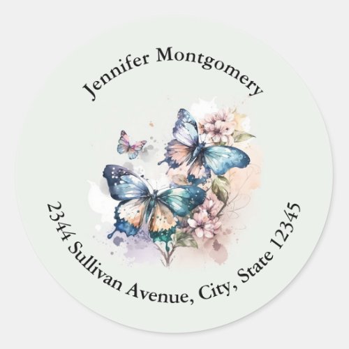 Beautiful Butterflies and Flowers Address Classic Round Sticker
