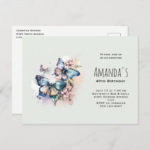 Beautiful Butterflies and Flowers Birthday Invitation Postcard