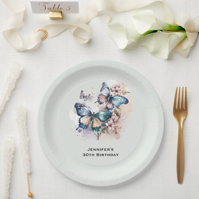 Beautiful Butterflies and Flowers Birthday Paper Plates (Wedding)