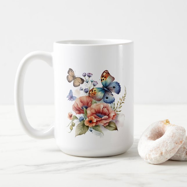 Beautiful Butterflies and Flowers Greenery  Coffee Mug (With Donut)