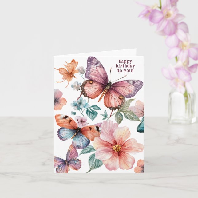 Beautiful Butterflies and Flowers Happy Birthday  Card (Orchid)