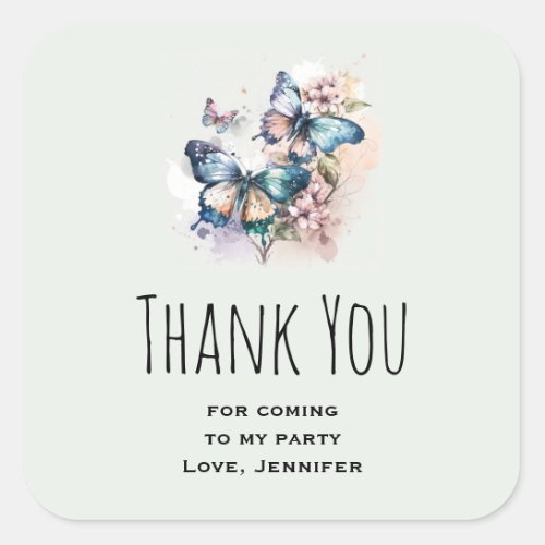 Beautiful Butterflies and Flowers Party Thank You Square Sticker