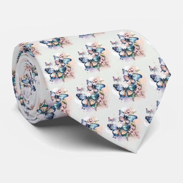 Beautiful Butterflies and Flowers Pattern Neck Tie (Rolled)
