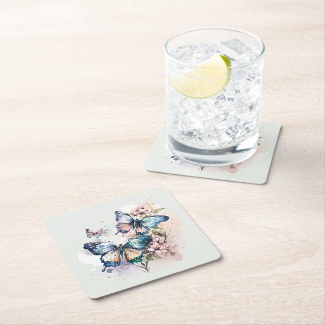 Beautiful Butterflies and Flowers Square Paper Coaster (Insitu)
