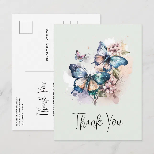 Beautiful Butterflies and Flowers Thank You Postcard | Zazzle
