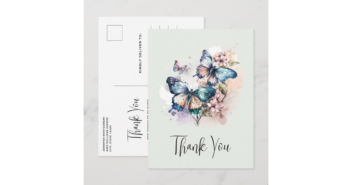 Beautiful Butterflies and Flowers Thank You Postcard | Zazzle